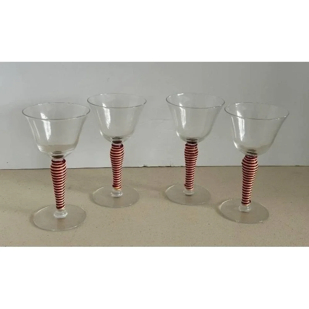 MCM Champagne Coupes - Clear Glass w/Red & Yellow Striped Spiral‎ Rattan Wrapped
